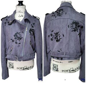 POL Floral Embroidered Vegan Suede Crop Moto Gray Jacket - Size Large